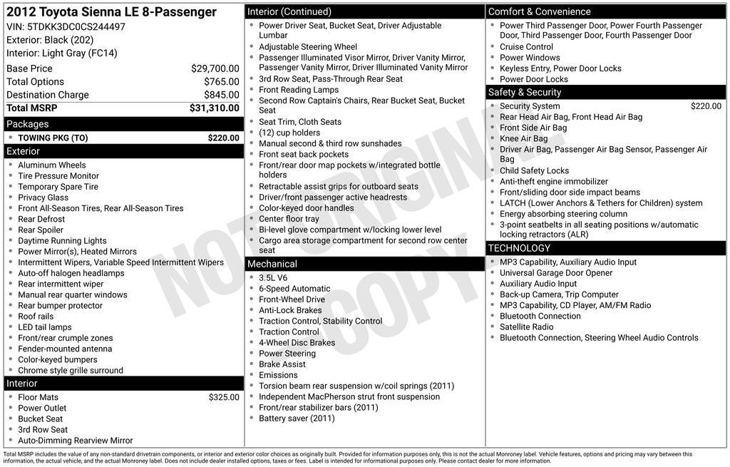 2012 Toyota Sienna LE 8 Passenger