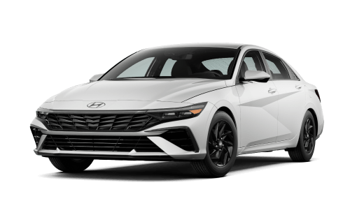 Front three-quarter view of white Hyundai Elantra against a white background.