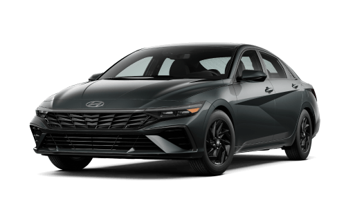 Front three-quarter view of dark gray Hyundai Elantra Hybrid against a white background.