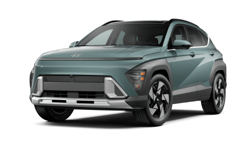 Front three-quarter view of green Hyundai Kona against a white background.