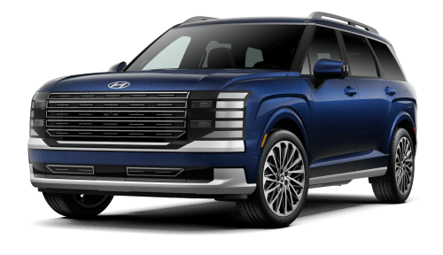 Front three-quarter view of blue Hyundai Palisade against a white background.