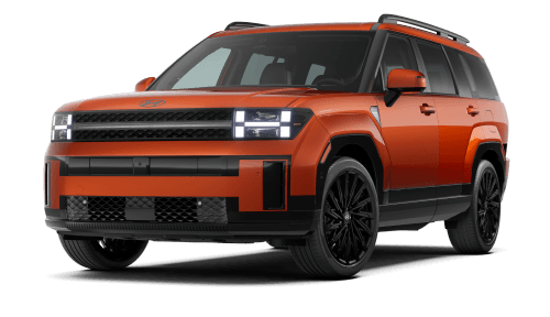Front three-quarter view of orange Hyundai Santa Fe against a white background.